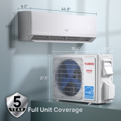 Air conditioning unit with dimensions and a 5-year full unit coverage badge on a light gray background