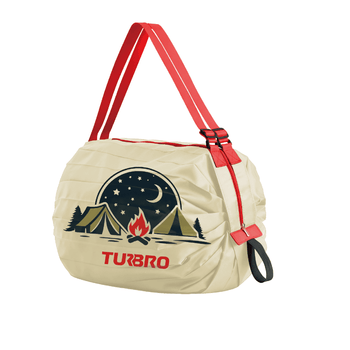 Beige bag with red strap and 'Turbo' logo on a white background,view 1