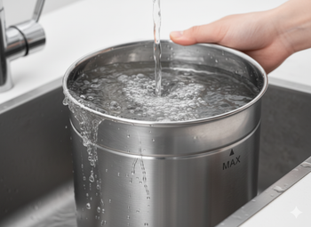 Person filling a metal container with water from a faucet in a kitchen sink.,view 1
