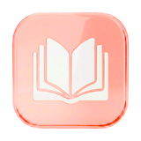 Peach-colored square with a white book icon on a white background