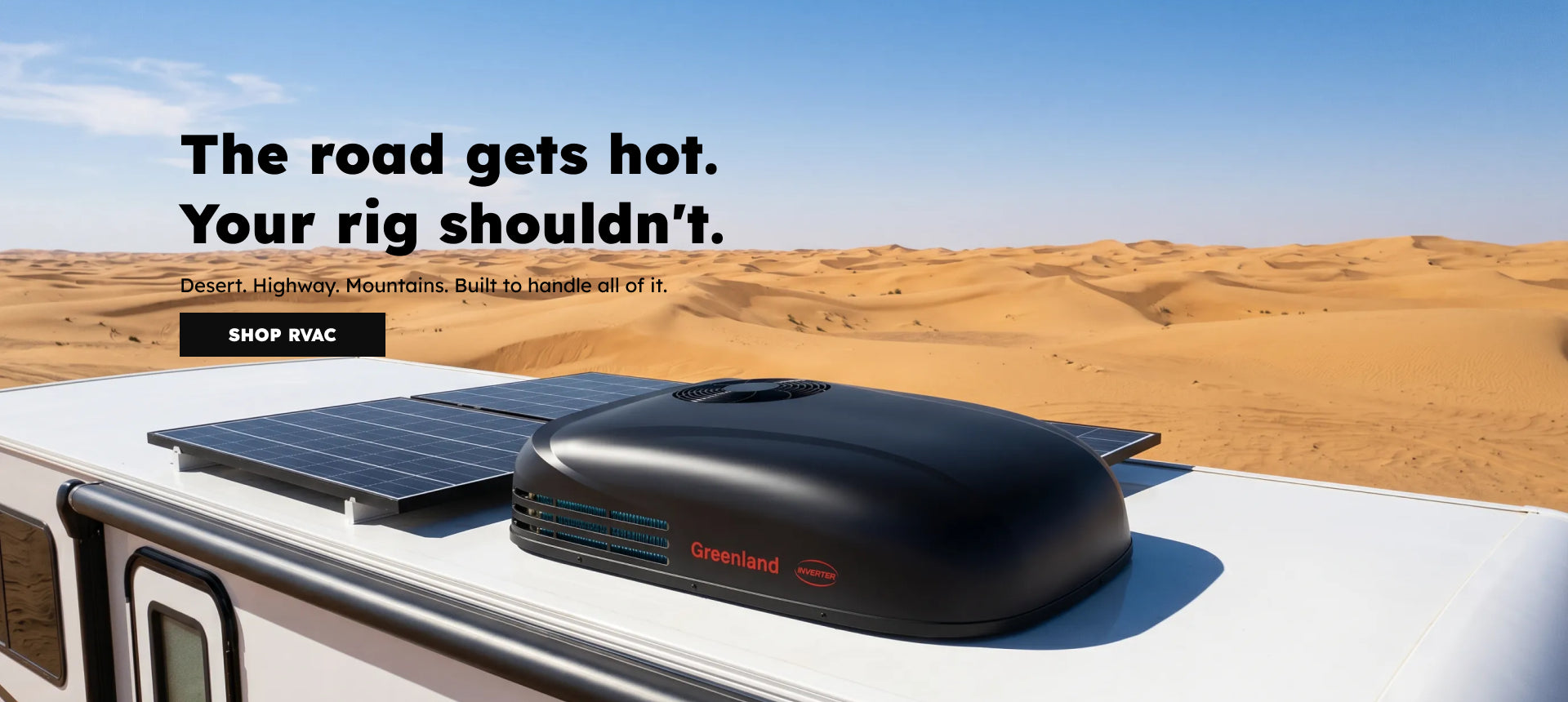 A Greenland inverter RV AC unit and solar panels mounted on an RV roof with a desert backdrop.