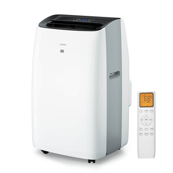 Portable air conditioner with remote control on a white background,view 1
