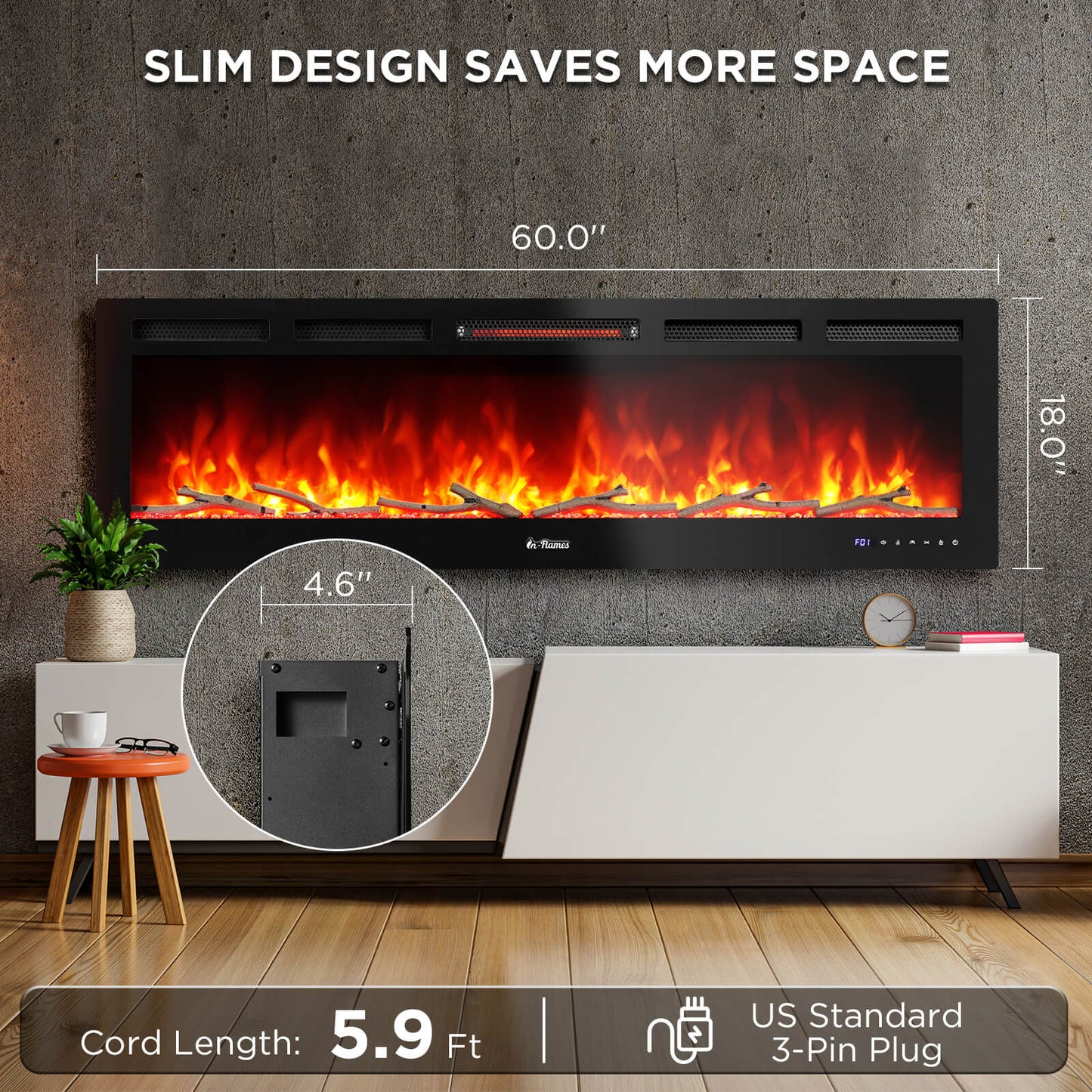 TURBRO 60” Smart WiFi Infrared Electric Fireplace with Sound Crackling and Realistic Flame, 1500W Quartz Heater, Recessed or Wall Mounted, Remote Control and App, in Flames