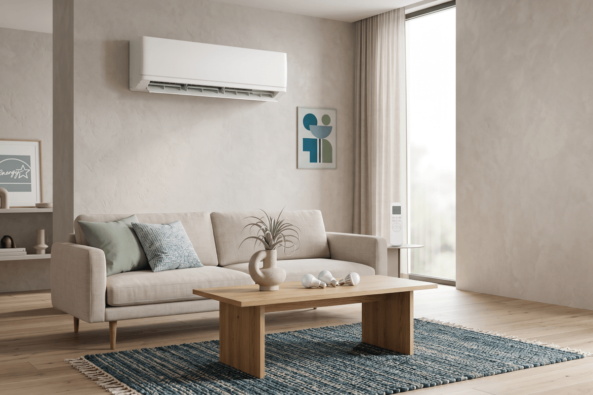 A white TURBRO mini-split AC unit mounted above