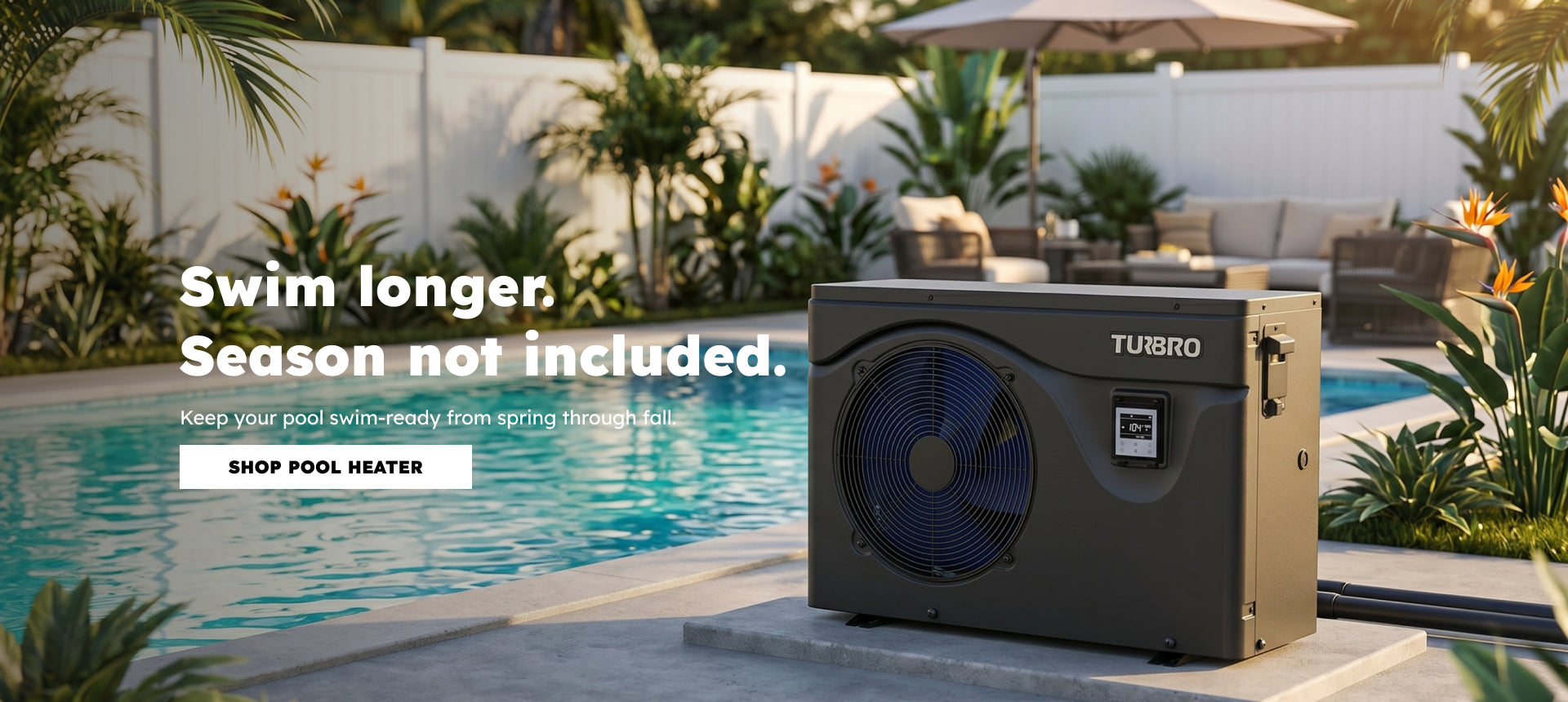 A black TURBRO pool heat pump installed by a swimming pool in a tropical backyard