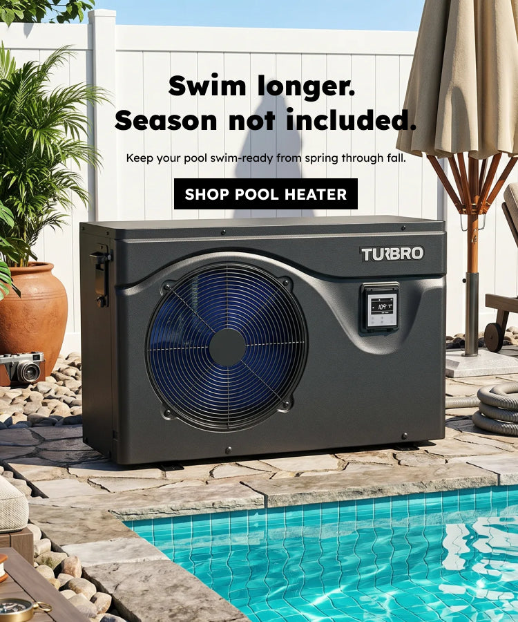 A black TURBRO pool heat pump installed by a swimming pool in a tropical backyard