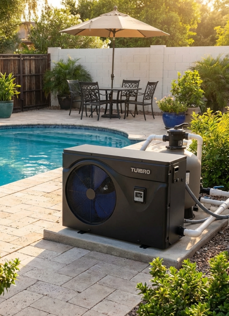 A black TURBRO pool heat pump and filtration system installed on a paved patio next to a clear blue swimming pool in a backyard.