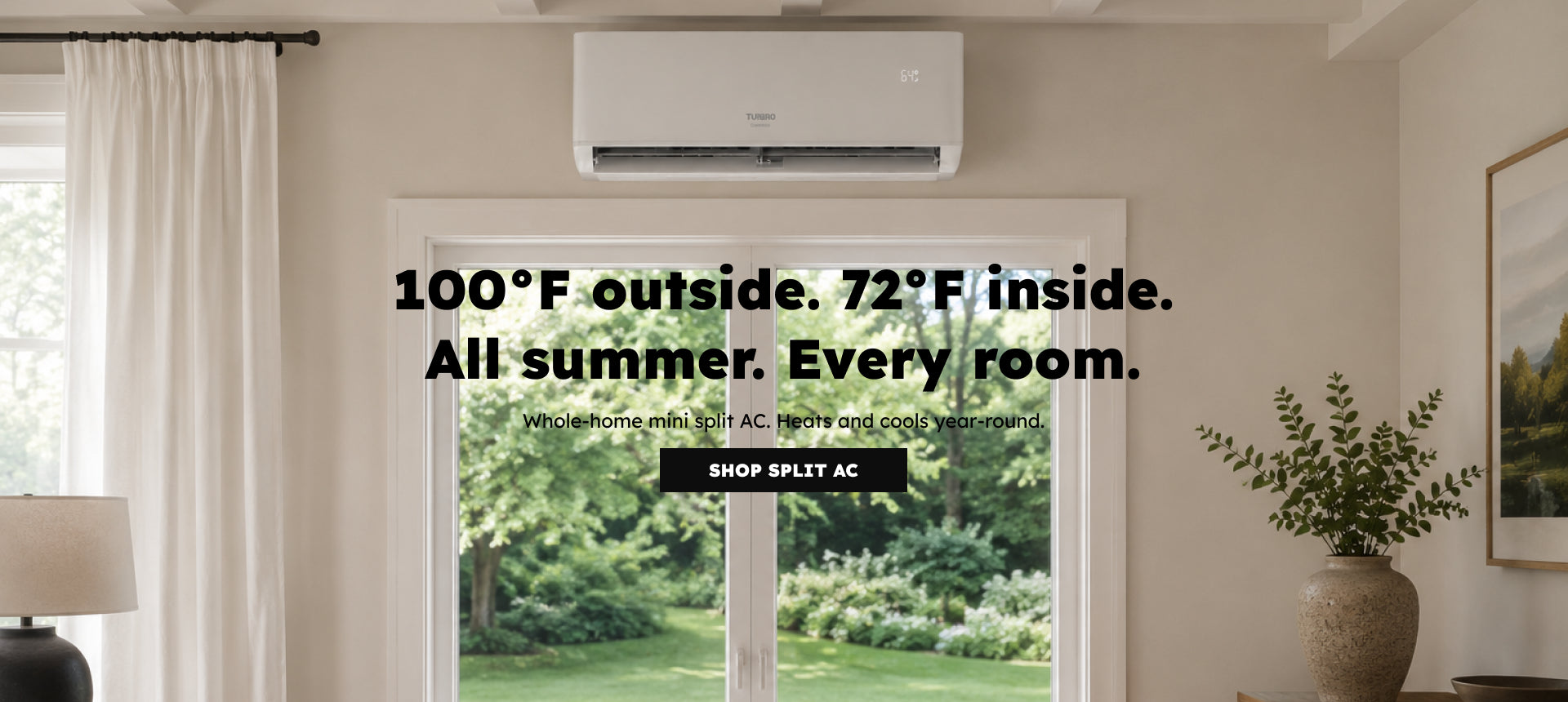 A white TURBRO mini-split AC unit mounted above a large window looking out onto a green yard