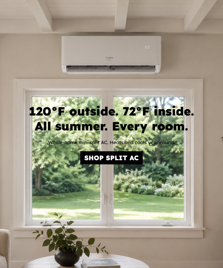 A white TURBRO mini-split AC unit mounted above a large window looking out onto a green yard