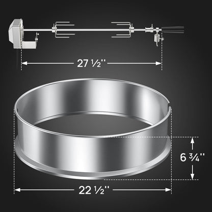 TURBRO Stainless Steel Rotisserie Ring Kit for 22.5 Inch Charcoal Kettle Grill - Includes 4W Electric Motor, 5/16" Square Spit Rod, Meat Forks, Counterweight - Ideal for Outdoor BBQ and Gatherings
