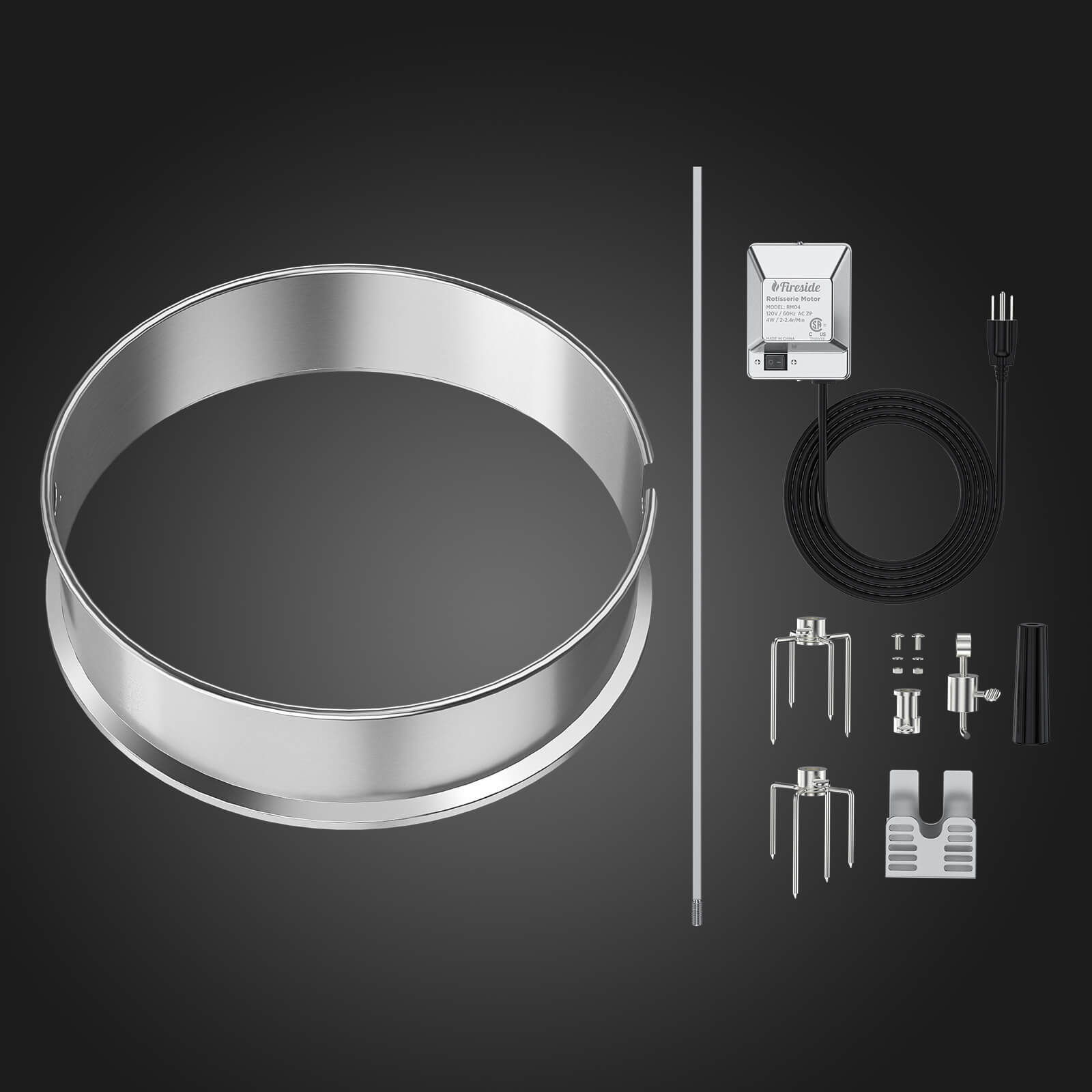 TURBRO Stainless Steel Rotisserie Ring Kit for 22.5 Inch Charcoal Kettle Grill - Includes 4W Electric Motor, 5/16" Square Spit Rod, Meat Forks, Counterweight - Ideal for Outdoor BBQ and Gatherings