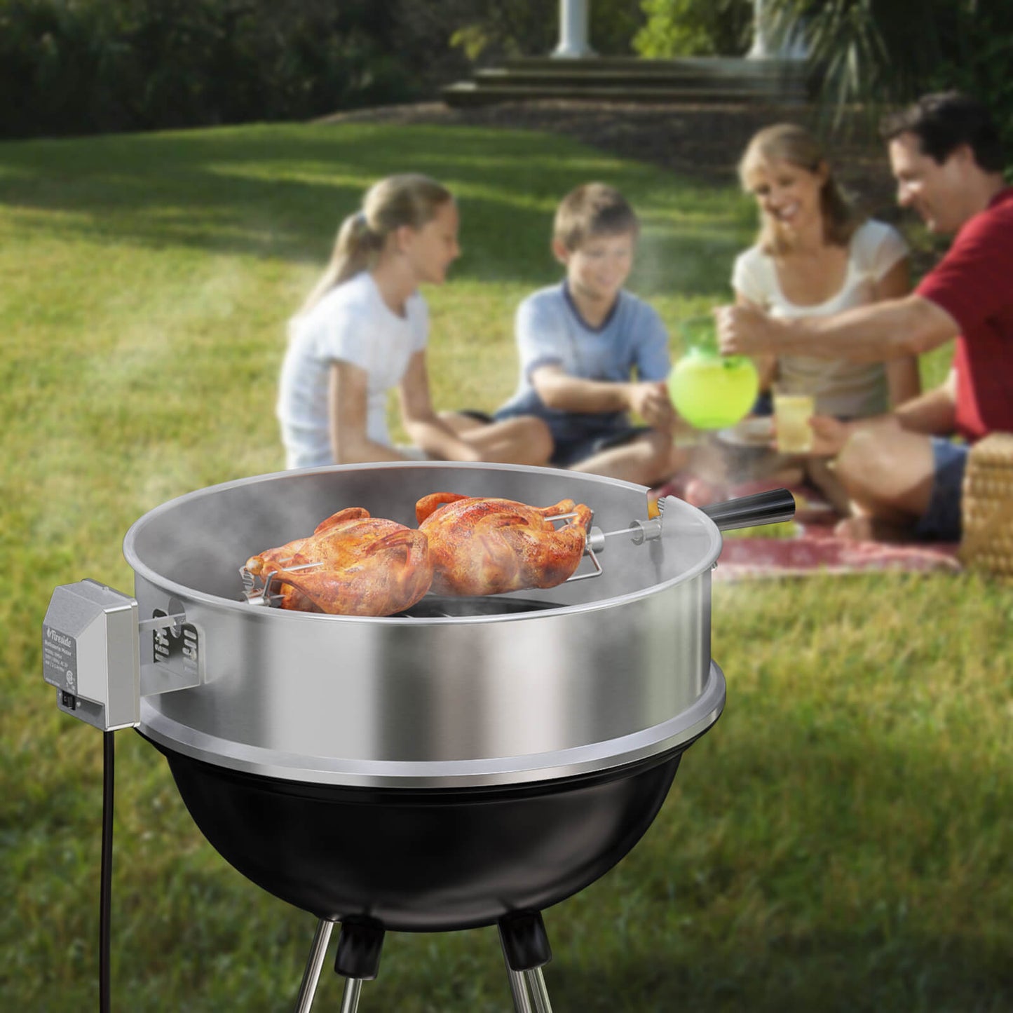 TURBRO Stainless Steel Rotisserie Ring Kit for 22.5 Inch Charcoal Kettle Grill - Includes 4W Electric Motor, 5/16" Square Spit Rod, Meat Forks, Counterweight - Ideal for Outdoor BBQ and Gatherings
