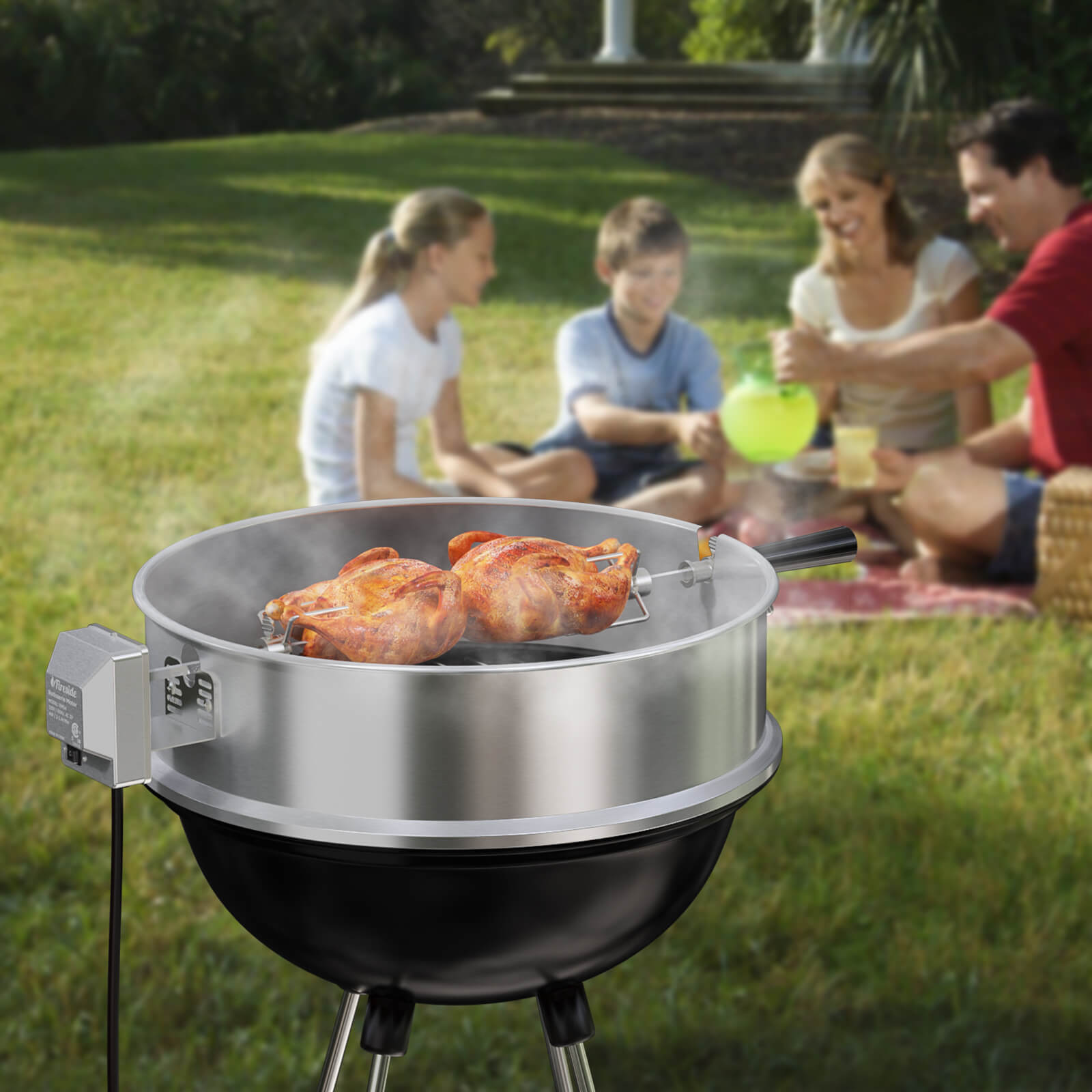 TURBRO Stainless Steel Rotisserie Ring Kit for 22.5 Inch Charcoal Kettle Grill - Includes 4W Electric Motor, 5/16" Square Spit Rod, Meat Forks, Counterweight - Ideal for Outdoor BBQ and Gatherings