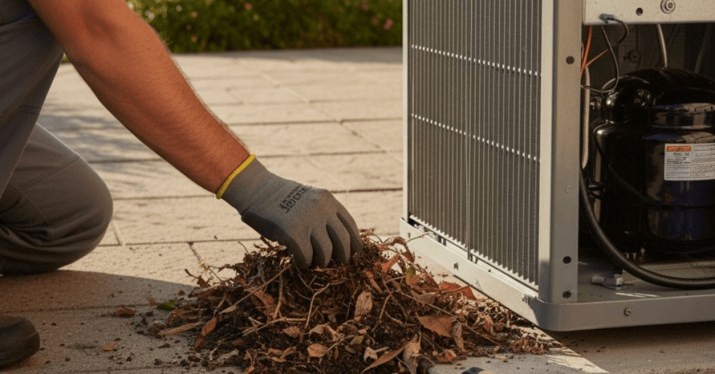 Person cleaning an air conditioning unit with leaves on a wooden deck.