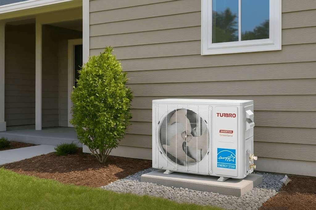Air conditioning unit on a house exterior with 'Turbo' branding.