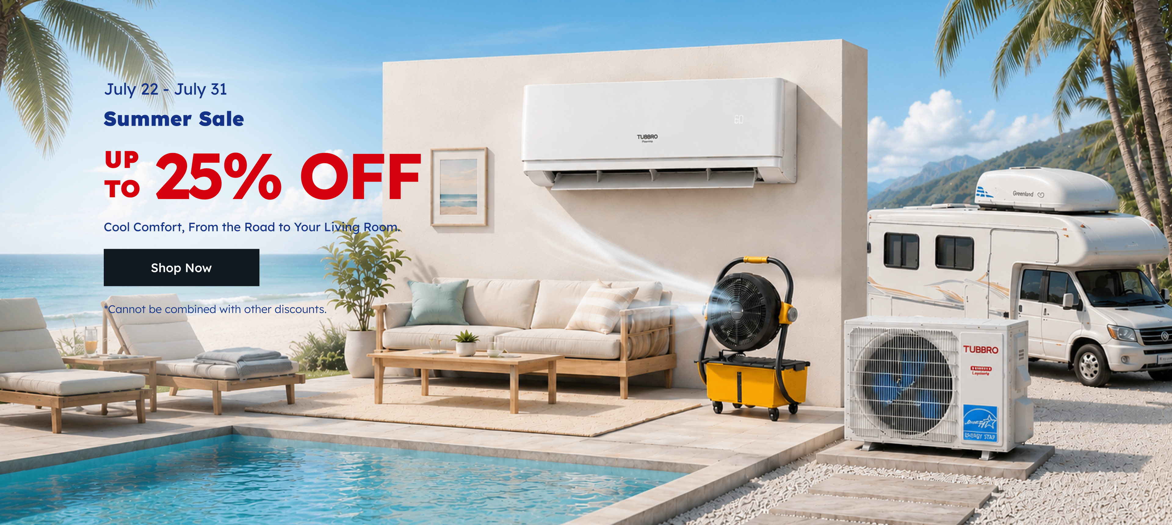 A promotional outdoor scene showing a split air conditioner and heat pump set up beside a pool and beach, with a sofa, lounge chairs, palm trees, an RV, and large sale text reading 'July 22 - July 31 Summer Sale UP TO 25% OFF'. Because a real environment is present, this is Lifestyle rather than Product/Packaging.