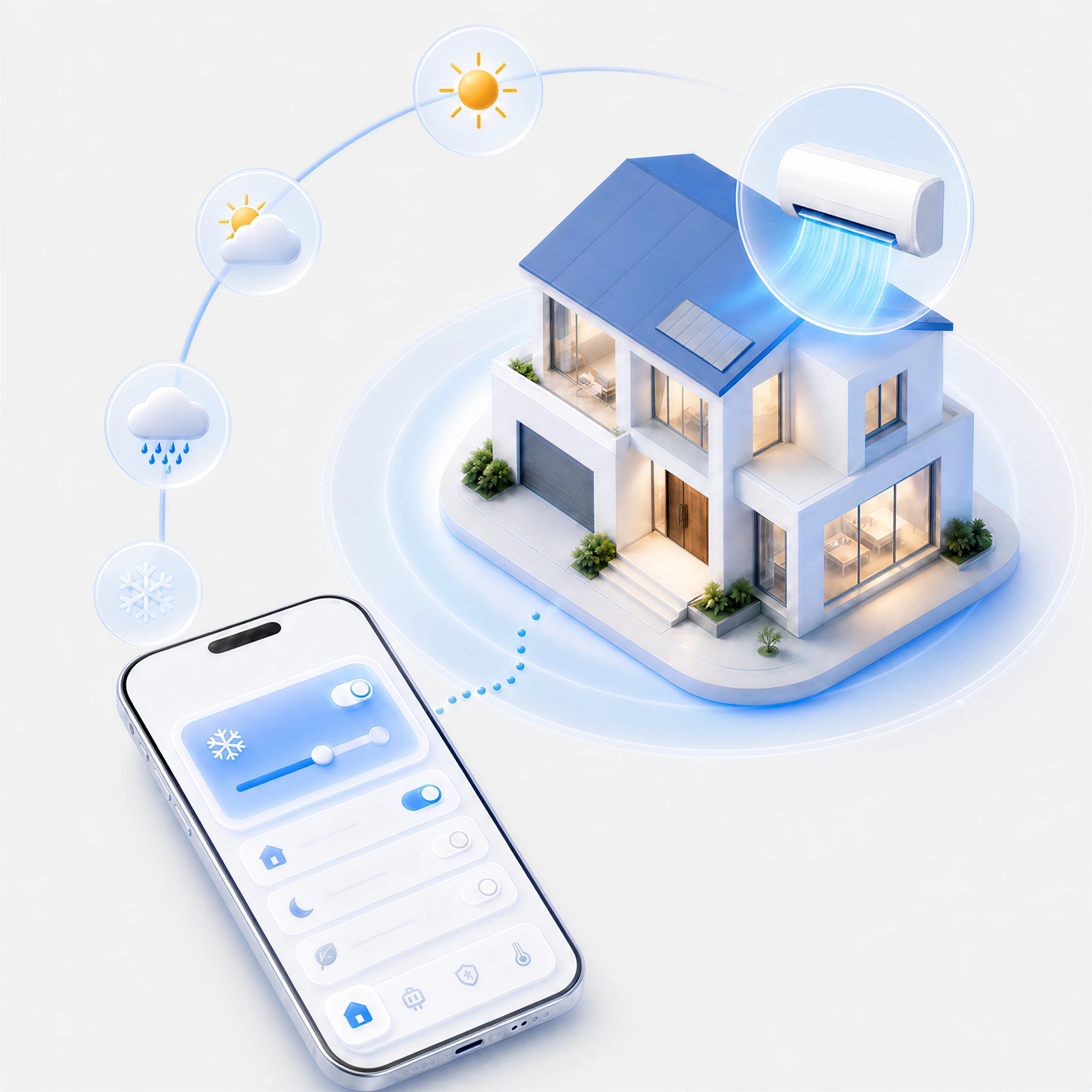 A digital illustration of a smart home climate control system, featuring a smartphone displaying a cooling interface next to a small house with a blue roof and an air conditioner highlighted on the roof, all on a light gray background.