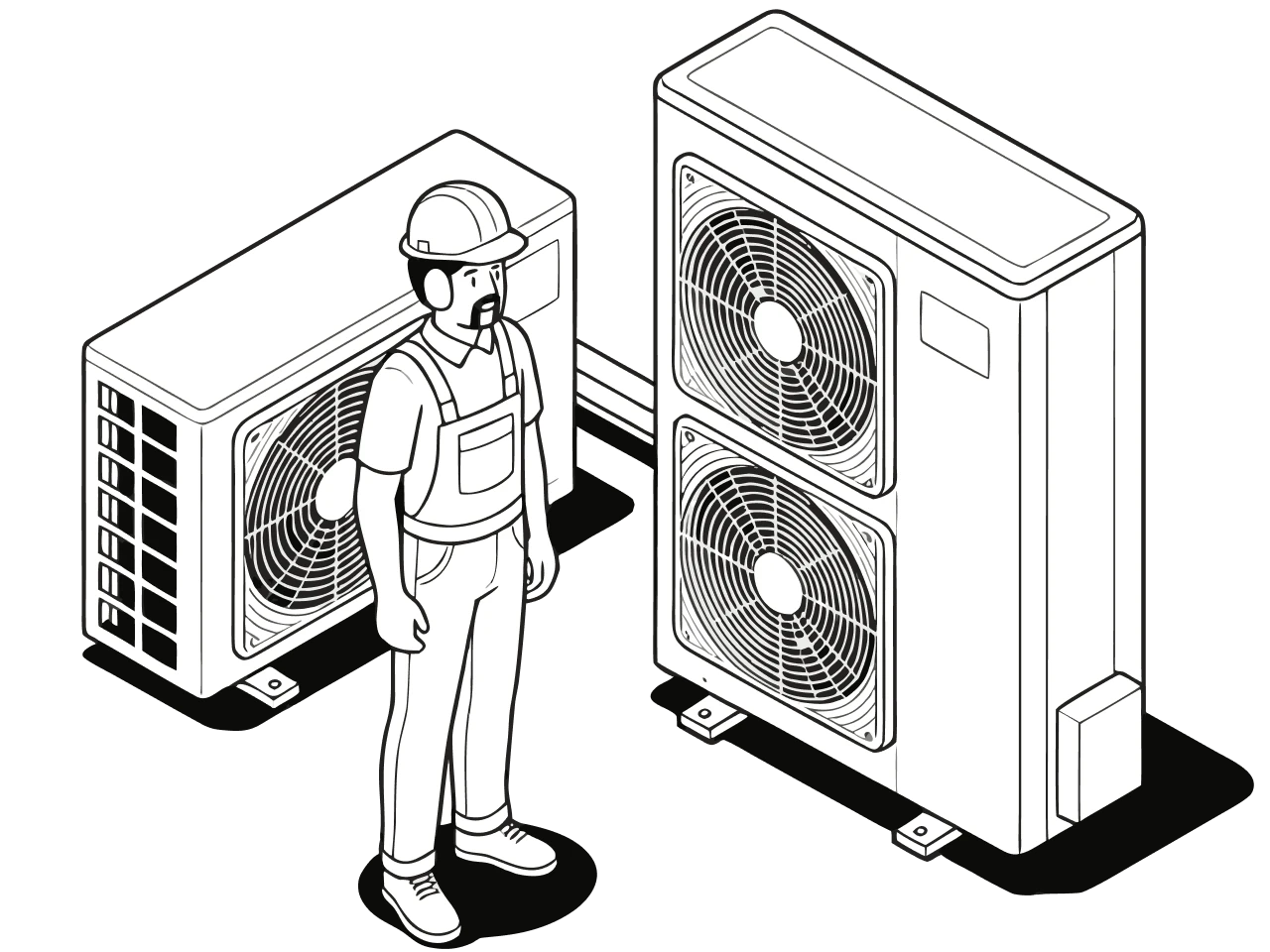 Illustration of a person in overalls standing between two large air conditioning units.