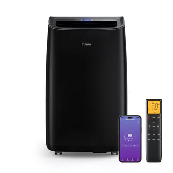 Black portable air conditioner with smartphone app and remote control on a white background,view 1