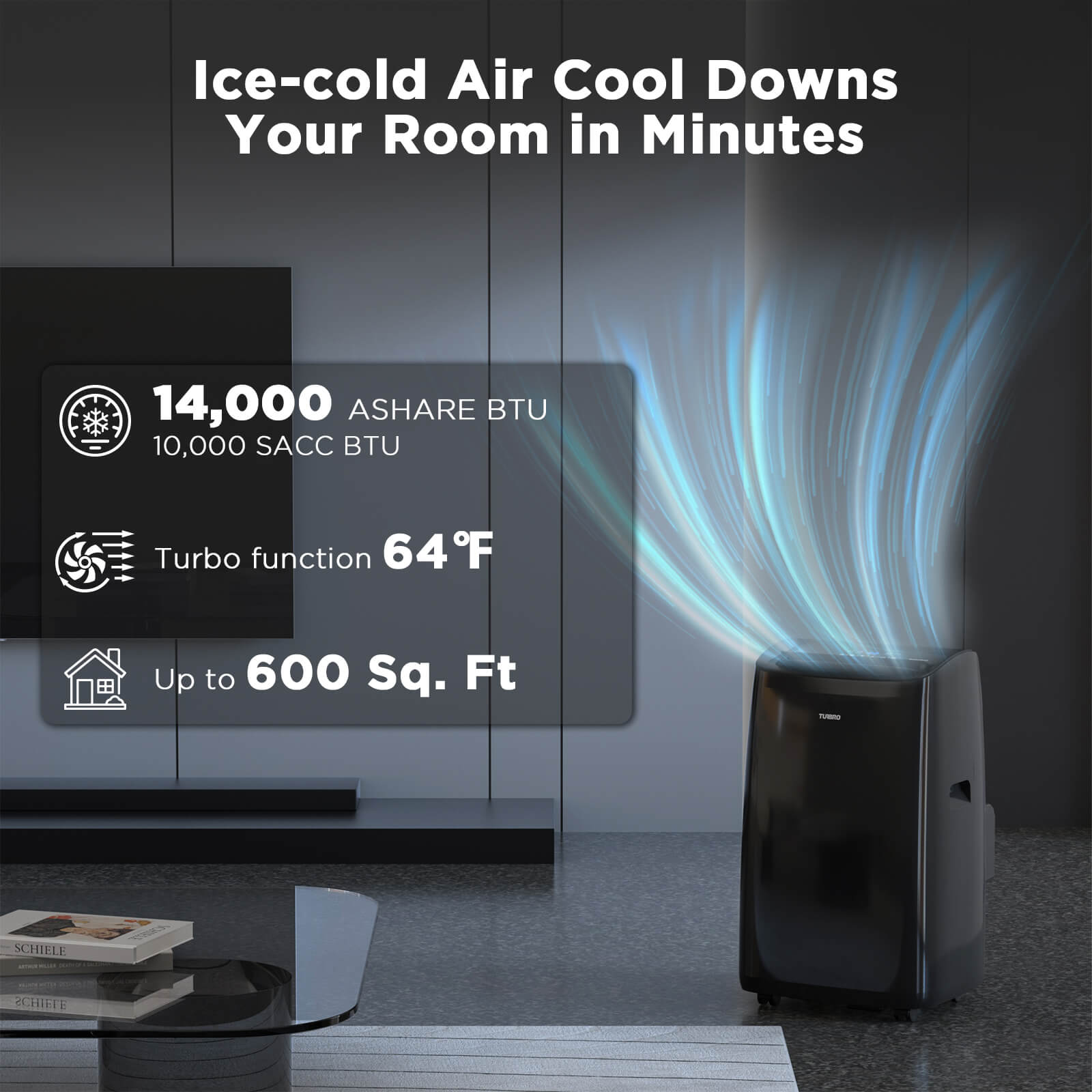TURBRO 14,000 BTU Smart WiFi Portable Air Conditioner, Powerful Cooling Up to 600 Sq Ft, 3 in 1 Functions with Backlit Remote, Supports Alexa Voice Control, Easy Installation, Greenland Series, Black