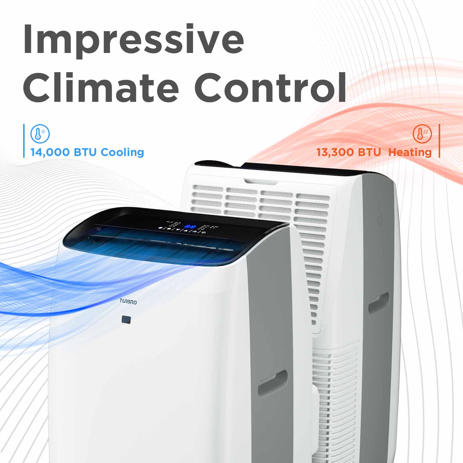 TURBRO Greenland 14,000 BTU Portable Air Conditioner and Heater, Dehumidifier and Fan, 4-in-1 Floor AC Unit for Rooms up to 600 Sq Ft, UV-C Light, Sleep Mode, Timer, Remote Included (10,000 BTU SACC)