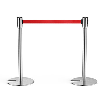 TURBRO Set of 2 Stanchion Retractable Barrier, 35.5-Inch Height, 6.5-Foot Nylon Belt with Secure Lock, Heavy Duty Stainless Steel, Easy Installation, Ideal for Industrial Commercial Lines, Red Belt,view 1